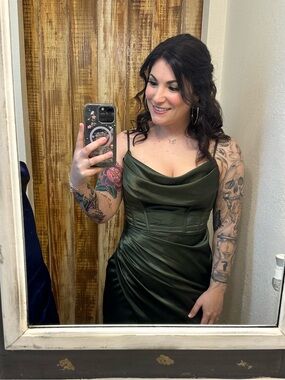 David’s Bridal Satin Cowl Neck Slip Dress in Forest Green